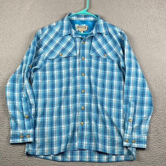 Duluth Trading Co Long Sleeve Button Up Shirt Men's Medium Blue Plaid Nylon - Picture 1 of 9